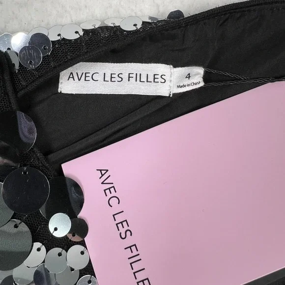 NWT Avec Les Filles Mini Slip Dress 4 Sparkling Sequin Party Black‎ Silver - Picture 3 of 12